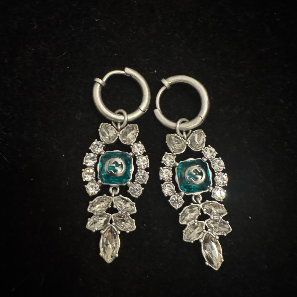 Gucci GG Emerald Elegant Silver and Green Drop Earrings - Picture 1 of 5